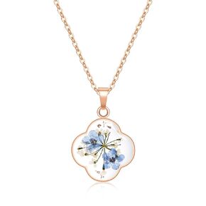 Jayden Four Leaf Clover Necklace for Women - Daffodil and Queen Anne's Lace Pressed Flower Necklace,Handmade Boho Jewelry,Lucky Clover Pendant - Rose Gold | 18"