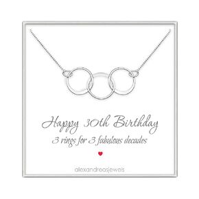 30th Birthday Gift Necklace, 3 Sterling Silver Interlocking Circles Necklace, Three Fabulous Decades Necklace Gift for Women