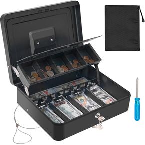 Cash Box with Combination Code, Locking Cash Boxes with Security Cable & Coin Tray, Deluxe Metal Money Box,Large Locking Cash Box, Black(Black-Combination)