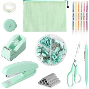 Green Office Supplies，Teal Desk Accessories Set Stapler, Tape Dispenser,Scissors, Ballpoint Pen,6 Hightlighters, A4 Zipper Pouch Organizer,Binder and Paper Clips,Tape Measure and 1000pcs Staples