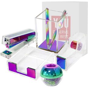 Clear Black Acrylic Office Supplies Desk Organizer Set Stapler, Tape Dispenser, Sticky Notes Tray, Magnetic Paper Clips Dispenser, Pen Holder Desktop Accessories Organization