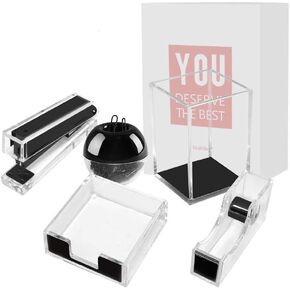 Clear Black Acrylic Office Supplies Desk Organizer Set Stapler, Tape Dispenser, Sticky Notes Tray, Magnetic Paper Clips Dispenser, Pen Holder Desktop Accessories Organization