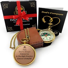 Dad's Compass Gift - Pocket Watch Compass with Chain & Leather Case - Birthday Gifts for Dad from Daughter Or Son, Christmas Daddy Gift Ideas, for Father Who Wants Nothing, Bday Dad Gifts