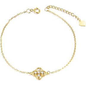 SISGEM 14k Yellow Gold Created Moissanite Lucky Four Leaf Clover Bracelet, Solid 14kt Gold Bracelets for Women Adjustable 6.8"-8.4"