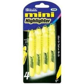 BAZIC Yellow Mini Fluorescent Highlighter with Cap Clip, 4 Per Pack