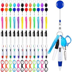 Glenmal 72 Pcs Badge Reel Pen Mini Highlighter Nurse Pens Set with Mini Scissors Highlighter Retractable Neon Nurse Pen LED Keychain Clip Flashlight Key Ring for Nurse (Black, Yellow,Simple)