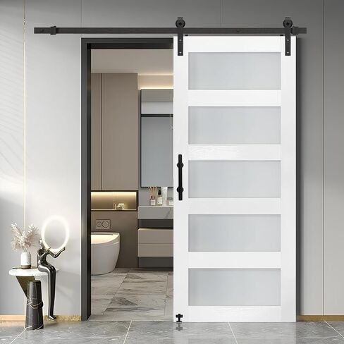S&Z TOPHAND 21in x 84in Double Glass Sliding MDF Barn Door with 8FT Sliding Door Hardware Kit, 5 Tempered Frosted Glass, Slab Inside Covered with Water-Proof PVC Surface, Simple DIY Assembly in Saudi Arabia