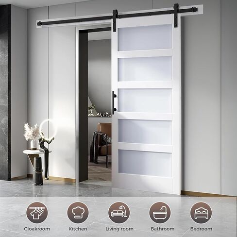 S&Z TOPHAND 21in x 84in Double Glass Sliding MDF Barn Door with 8FT Sliding Door Hardware Kit, 5 Tempered Frosted Glass, Slab Inside Covered with Water-Proof PVC Surface, Simple DIY Assembly in Saudi Arabia