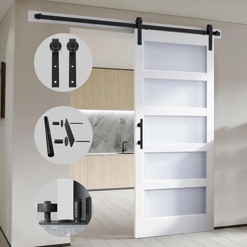 S&Z TOPHAND 21in x 84in Double Glass Sliding MDF Barn Door with 8FT Sliding Door Hardware Kit, 5 Tempered Frosted Glass, Slab Inside Covered with Water-Proof PVC Surface, Simple DIY Assembly in Saudi Arabia