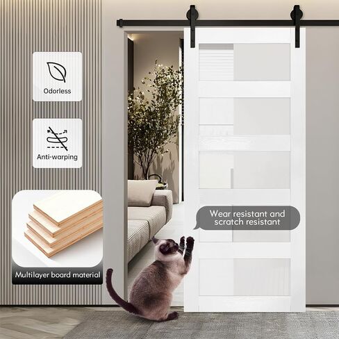S&Z TOPHAND 21in x 84in Double Glass Sliding MDF Barn Door with 8FT Sliding Door Hardware Kit, 5 Tempered Frosted Glass, Slab Inside Covered with Water-Proof PVC Surface, Simple DIY Assembly in Saudi Arabia