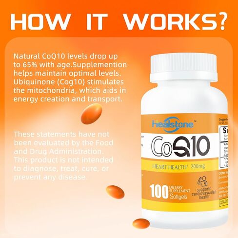 كبسولات هلامية CoQ10 200 ملغ للنساء والرجال، مكمل غذائي لإنتاج الطاقة، مكمل الإنزيم المساعد Q10 المضاد للأكسدة الإضافي، كمية تكفي 50 يومًا، 100 قطعة in Saudi Arabia