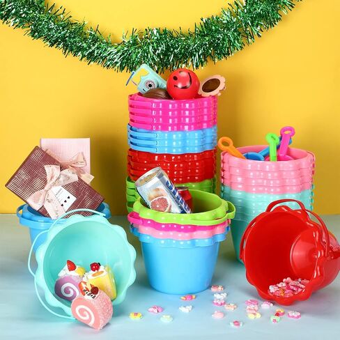 30 Pcs 6.3" 1.5L Plastic Small Bucket Sand Pails Beach Toys Sand Bucket with Handles Bright Colored Beach Pails for Sand Molds at The Sandbox Easter Outdoor Beach Pool Candy, 6 Colors in Saudi Arabia