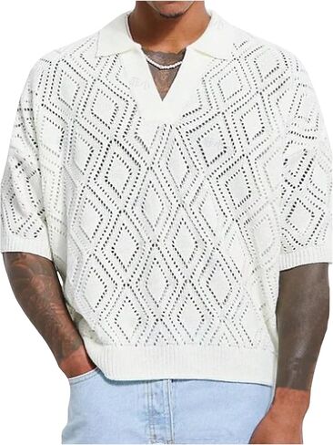 Men's Lightweight Sweater Tops Short Sleeve Hollow Out Collar V Neck Crochet Pullover Knit Tops in Saudi Arabia