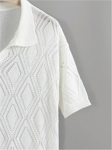 Men's Lightweight Sweater Tops Short Sleeve Hollow Out Collar V Neck Crochet Pullover Knit Tops in Saudi Arabia