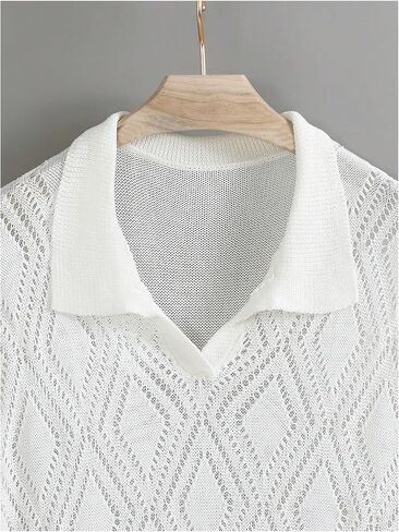 Men's Lightweight Sweater Tops Short Sleeve Hollow Out Collar V Neck Crochet Pullover Knit Tops in Saudi Arabia