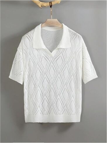 Men's Lightweight Sweater Tops Short Sleeve Hollow Out Collar V Neck Crochet Pullover Knit Tops in Saudi Arabia