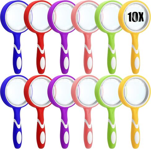 Xuhal 12 Pcs 10X Magnifying Glass Handheld Shatterproof Reading Magnifier for Seniors and Kids, 50mm Colored Magnifying Lens with Non Slip Rubber for Observation Exploration Science (Mixed Color) in Saudi Arabia