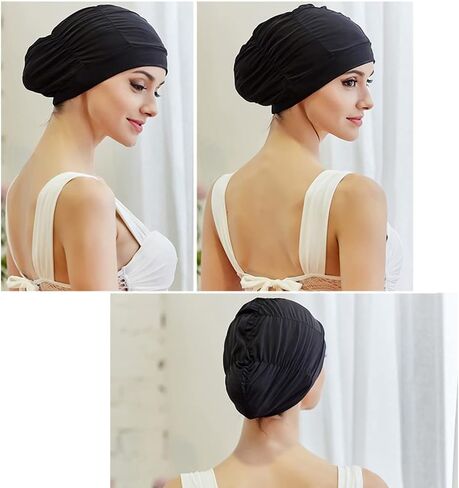 Women Turban Swim Cap, Elastic Bathing Cap Long Short Hair Pleated Turban Swimming Cap Soft Bonnet Beanie Cap in Saudi Arabia