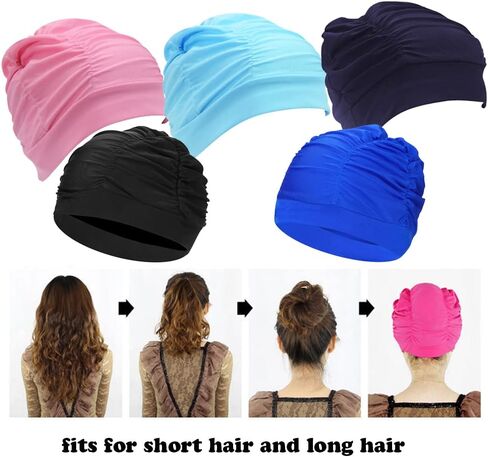 Women Turban Swim Cap, Elastic Bathing Cap Long Short Hair Pleated Turban Swimming Cap Soft Bonnet Beanie Cap in Saudi Arabia
