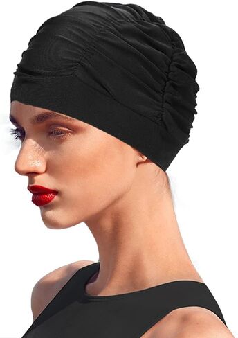 Women Turban Swim Cap, Elastic Bathing Cap Long Short Hair Pleated Turban Swimming Cap Soft Bonnet Beanie Cap in Saudi Arabia