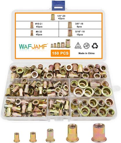 WAFJAMF 150 قطعة #8-32، #10-24، 1/4"-20، 5/16"-18,3/8"-16 مجموعة متنوعة من صواميل البرشام المترية من الفولاذ الكربوني المسطح برأس ملولب متنوعة in Kuwait
