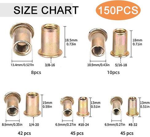 WAFJAMF 150 قطعة #8-32، #10-24، 1/4"-20، 5/16"-18,3/8"-16 مجموعة متنوعة من صواميل البرشام المترية من الفولاذ الكربوني المسطح برأس ملولب متنوعة in Kuwait