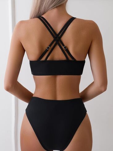 Cheeky Back Cross Bikini Sets for Women with Sexy High Waisted High Cut Side Straps Bottom in Kuwait