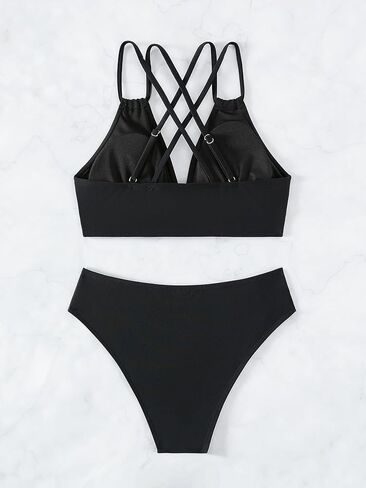 Cheeky Back Cross Bikini Sets for Women with Sexy High Waisted High Cut Side Straps Bottom in Kuwait