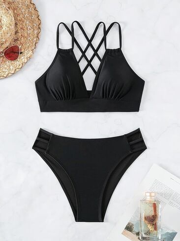 Cheeky Back Cross Bikini Sets for Women with Sexy High Waisted High Cut Side Straps Bottom in Kuwait