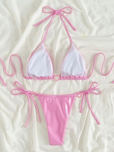 Women's 2 Piece Swimsuits Heart Metallic Triangle Halter Tie Side High Waisted Bikini Bathing Suit in Saudi Arabia