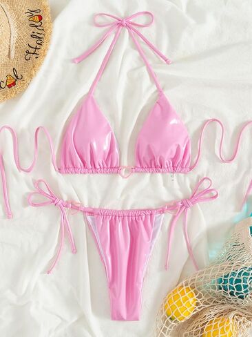 Women's 2 Piece Swimsuits Heart Metallic Triangle Halter Tie Side High Waisted Bikini Bathing Suit in Saudi Arabia