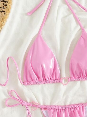 Women's 2 Piece Swimsuits Heart Metallic Triangle Halter Tie Side High Waisted Bikini Bathing Suit in Saudi Arabia