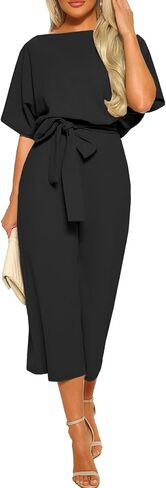 LYANER Women's Round Neck Short Sleeve Zipper Back Waist Tie Romper Wide Leg Pant Jumpsuit in Saudi Arabia