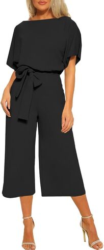 LYANER Women's Round Neck Short Sleeve Zipper Back Waist Tie Romper Wide Leg Pant Jumpsuit in Saudi Arabia