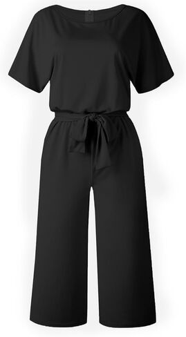 LYANER Women's Round Neck Short Sleeve Zipper Back Waist Tie Romper Wide Leg Pant Jumpsuit in Saudi Arabia
