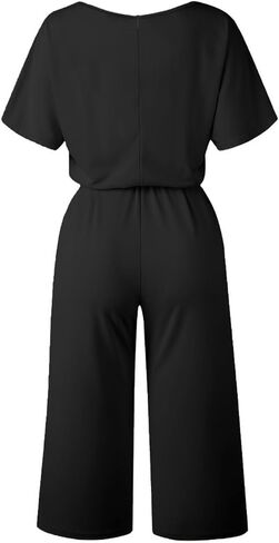 LYANER Women's Round Neck Short Sleeve Zipper Back Waist Tie Romper Wide Leg Pant Jumpsuit in Saudi Arabia