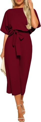 LYANER Women's Round Neck Short Sleeve Zipper Back Waist Tie Romper Wide Leg Pant Jumpsuit in Saudi Arabia
