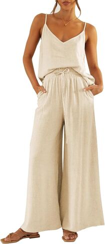 Imily Bela Womens 2 Piece Outfit Set Spaghetti Strap V Neck Cami Top with Wide Leg Pants Casual Pajama Sets in Saudi Arabia