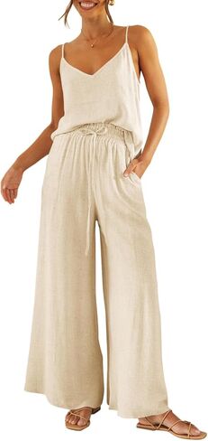 Imily Bela Womens 2 Piece Outfit Set Spaghetti Strap V Neck Cami Top with Wide Leg Pants Casual Pajama Sets in Saudi Arabia
