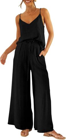 Imily Bela Womens 2 Piece Outfit Set Spaghetti Strap V Neck Cami Top with Wide Leg Pants Casual Pajama Sets in Saudi Arabia