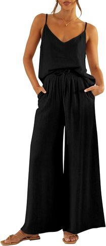 Imily Bela Womens 2 Piece Outfit Set Spaghetti Strap V Neck Cami Top with Wide Leg Pants Casual Pajama Sets in Saudi Arabia