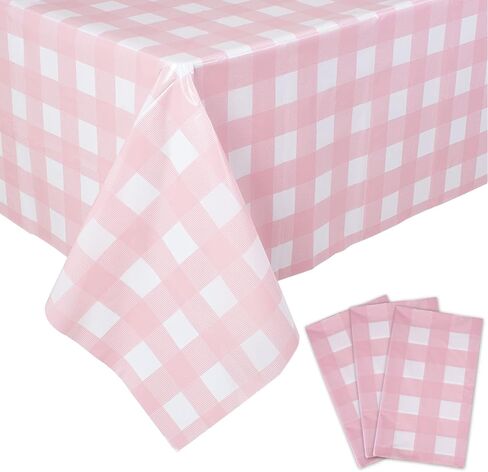 Kesfey 3 Packs Pink Gingham Tablecloth Pink and White Checkered Tablecloths 54 x 108 Inches Disposable Plastic Gingham Tablecovers Waterproof Rectangle Picnic Table Covers for Birthday Party Supplies in Saudi Arabia
