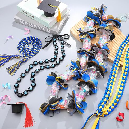 QUELAY 16 Pcs Graduation Lei Necklace Ribbon Lei Kukui Nut Leis and Candy Lei Making Kit Candy Dessert Filler Graduation Gift for 2024 Graduation Party Supplies in Kuwait