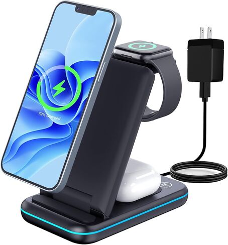 قاعدة شحن لاسلكية، حامل شاحن لاسلكي سريع 3 في 1، قاعدة شحن قابلة للطي معتمدة من Qi لهواتف iPhone15/14/13/12/11/Pro/Max/X/XS، Airpods Pro/3/2/، iWatch Series 2-7 (مع محول) in Saudi Arabia