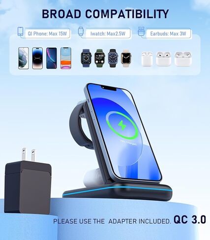 قاعدة شحن لاسلكية، حامل شاحن لاسلكي سريع 3 في 1، قاعدة شحن قابلة للطي معتمدة من Qi لهواتف iPhone15/14/13/12/11/Pro/Max/X/XS، Airpods Pro/3/2/، iWatch Series 2-7 (مع محول) in Saudi Arabia