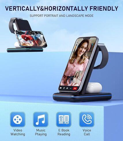 قاعدة شحن لاسلكية، حامل شاحن لاسلكي سريع 3 في 1، قاعدة شحن قابلة للطي معتمدة من Qi لهواتف iPhone15/14/13/12/11/Pro/Max/X/XS، Airpods Pro/3/2/، iWatch Series 2-7 (مع محول) in Saudi Arabia