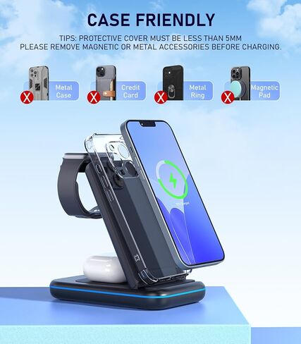 قاعدة شحن لاسلكية، حامل شاحن لاسلكي سريع 3 في 1، قاعدة شحن قابلة للطي معتمدة من Qi لهواتف iPhone15/14/13/12/11/Pro/Max/X/XS، Airpods Pro/3/2/، iWatch Series 2-7 (مع محول) in Saudi Arabia