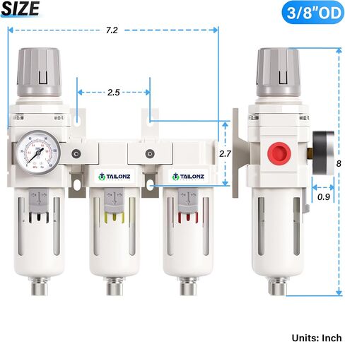 TAILONZ PNEUMATIC 0-150PSI 1/4 Inch NPT Grade 3 Stage Air Drying System, Particulate Filter, Air Filter Pressure Regulator Combo Piggyback, Air Tool Compressor Filter with Gauge (Semi-Auto Drainage） in Saudi Arabia
