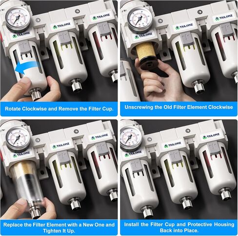 TAILONZ PNEUMATIC 0-150PSI 1/4 Inch NPT Grade 3 Stage Air Drying System, Particulate Filter, Air Filter Pressure Regulator Combo Piggyback, Air Tool Compressor Filter with Gauge (Semi-Auto Drainage） in Saudi Arabia