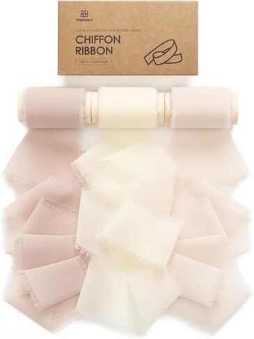 Vitalizart 3 Rolls Handmade Fringe Chiffon Silk Ribbon 2" x 15Yd Brown Ribbons Set for Gift Wrapping Wedding Invitations Bridal Shower Bouquets in Saudi Arabia